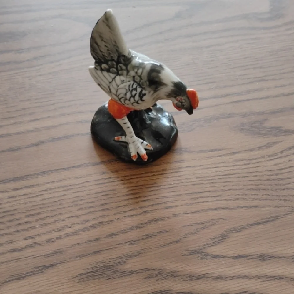 Ceramic Bird Perch Ornament in Black, White & Orange - Decorative Accent